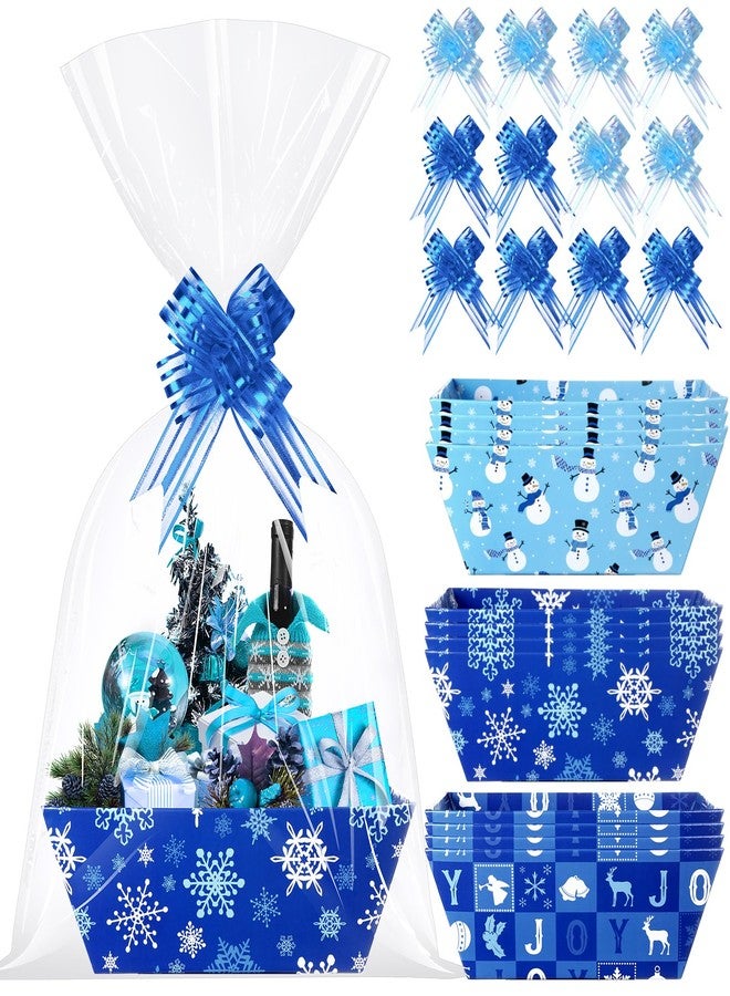Pascliyna 12 Set Blue Christmas Baskets for Gift Empty 10x7 Inch, Winter Snowflake Gift Basket with Cellophane Bags, Christmas Basket to Fill with Bows Ribbons for Xmas Holiday Winter Wonderland Party Supplies - Image 1